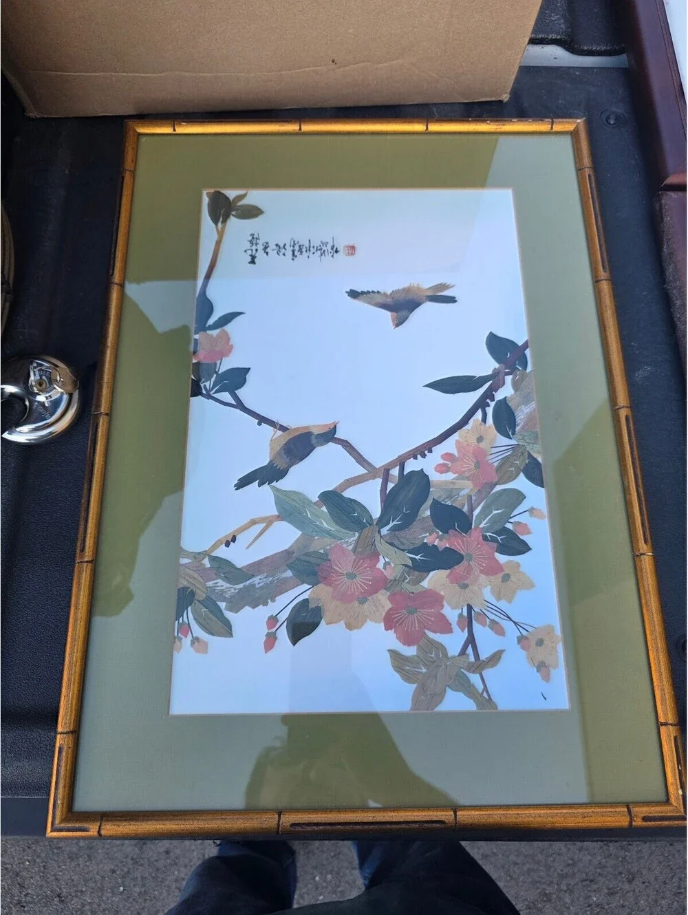 Framed Asian Style Bird and Flower Print Artwork